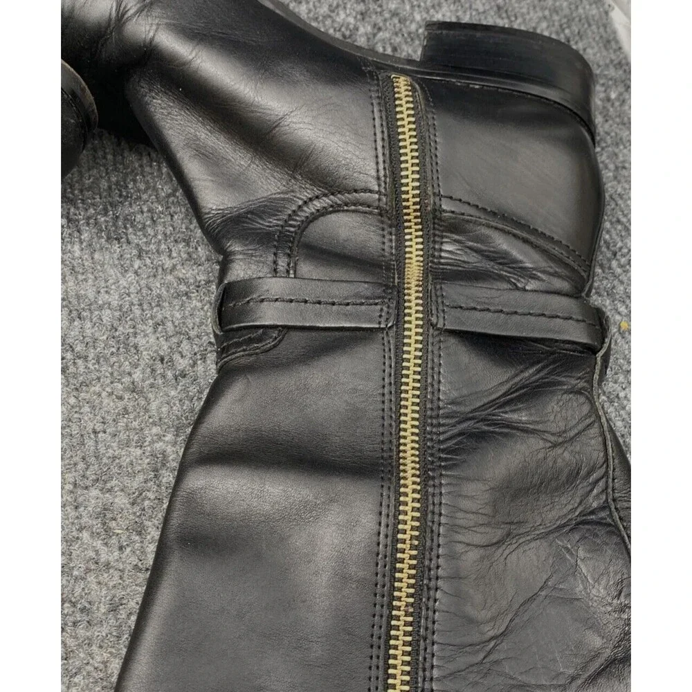 Michael Kors Two-Tone Leather Riding Boots Black Brown Gold MK Logo Size 8.5M